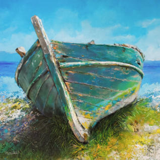 Verlassen am Ufer: Altes Fischerboot – Acryl auf Leinwand